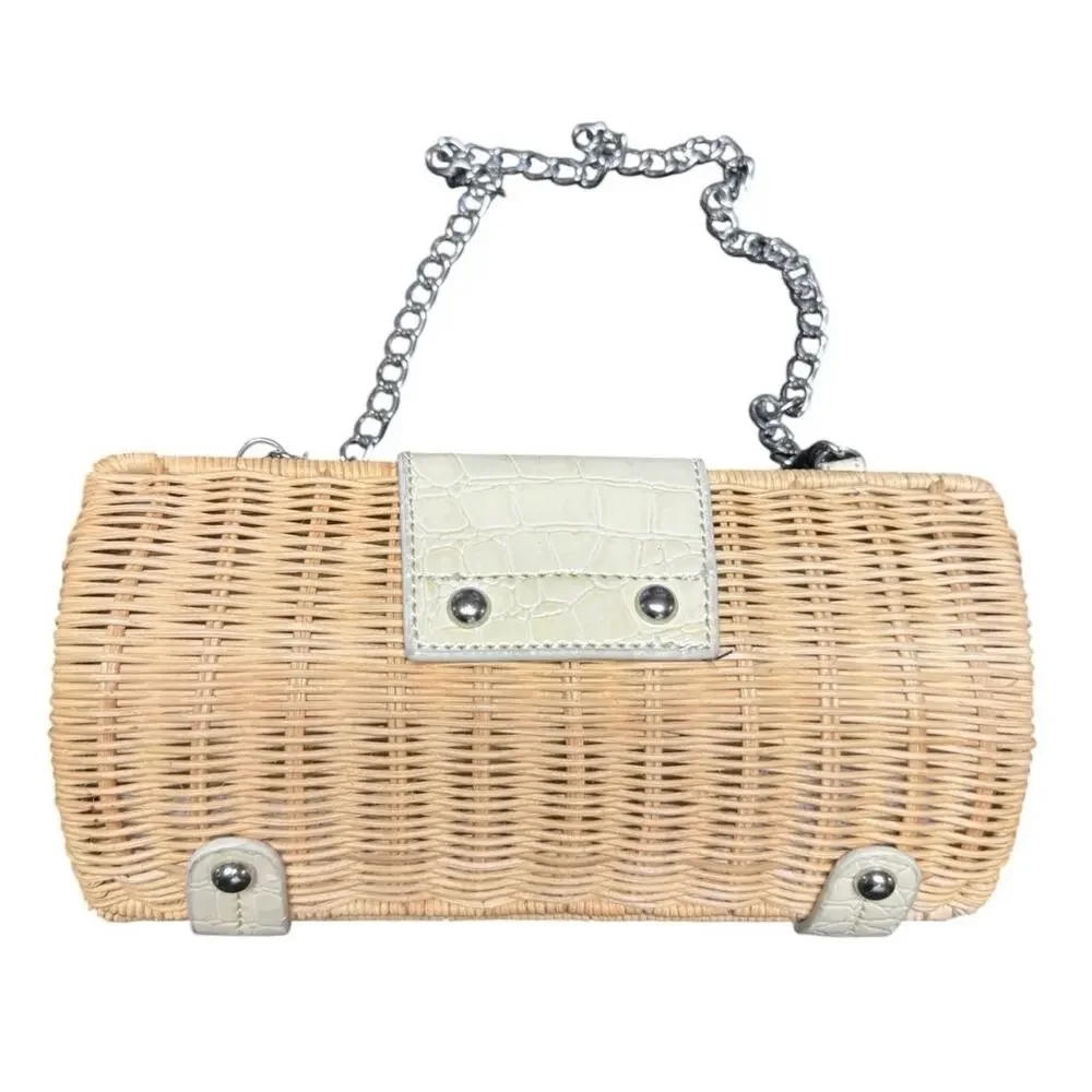 Wicker Rattan Box Clutch Purse Cream Faux Croc Trim Chain Strap Wedding Coastal